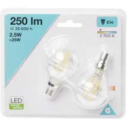 Ampoule LED filament E14 G45 Homday lumière chaude 250lms x2^Gifi Discount
