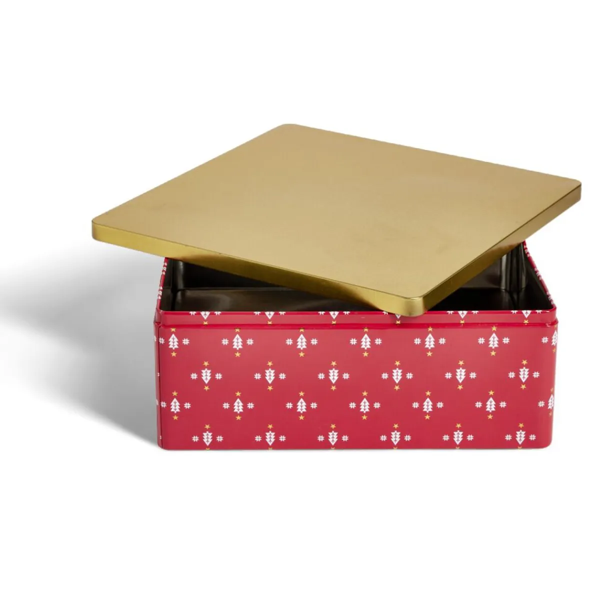Gifi Conservation Alimentaire^Boîte alimentaire carrée motif Noël métal rouge et dorée 26x26xH10cm
