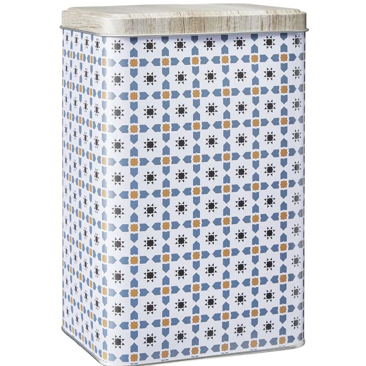 Gifi Conservation Alimentaire^Boîte en métal décor carreau de ciment avec couvercle effet bois