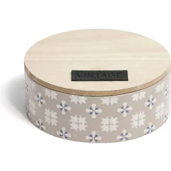 Boîte ronde bois et carreaux de ciment gris et blanc Rangement