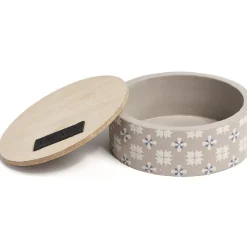 Boîte ronde bois et carreaux de ciment gris et blanc Rangement