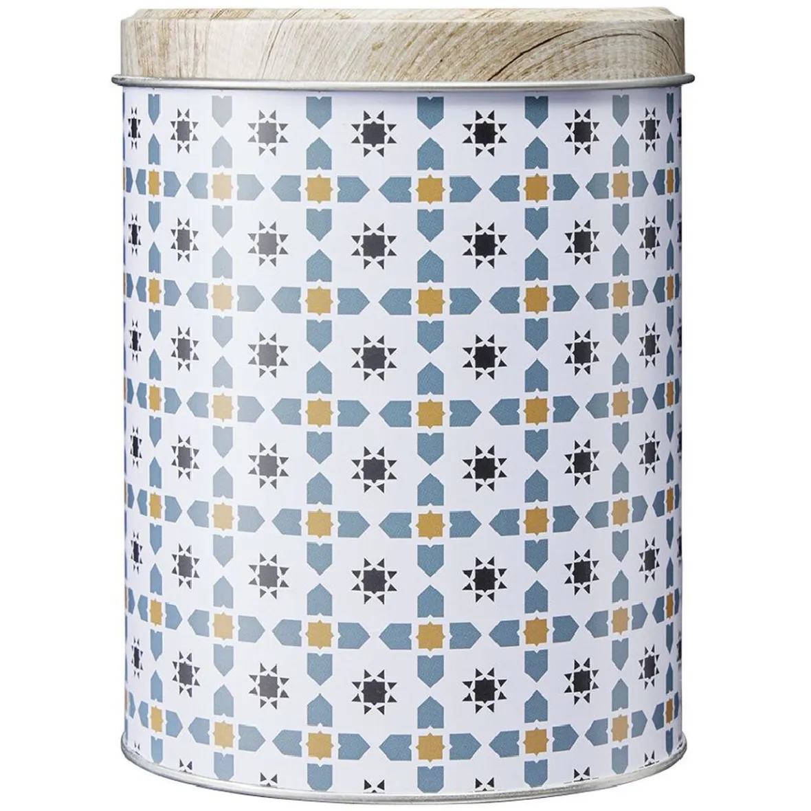 Gifi Conservation Alimentaire^Boîte ronde en métal décor carreau de ciment avec couvercle effet bois