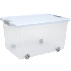 Box de rangement à roulettes transparent bleu 50L Rangement