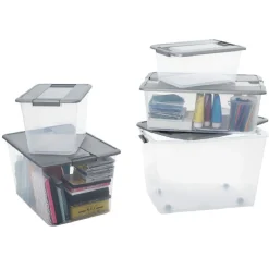 Box de rangement A4 transparente couvercle gris poignées clips 18 L Rangement