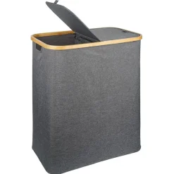 Sale Coffre à linge rectangulaire 50L bambou et polyester gris Entretien Du Linge