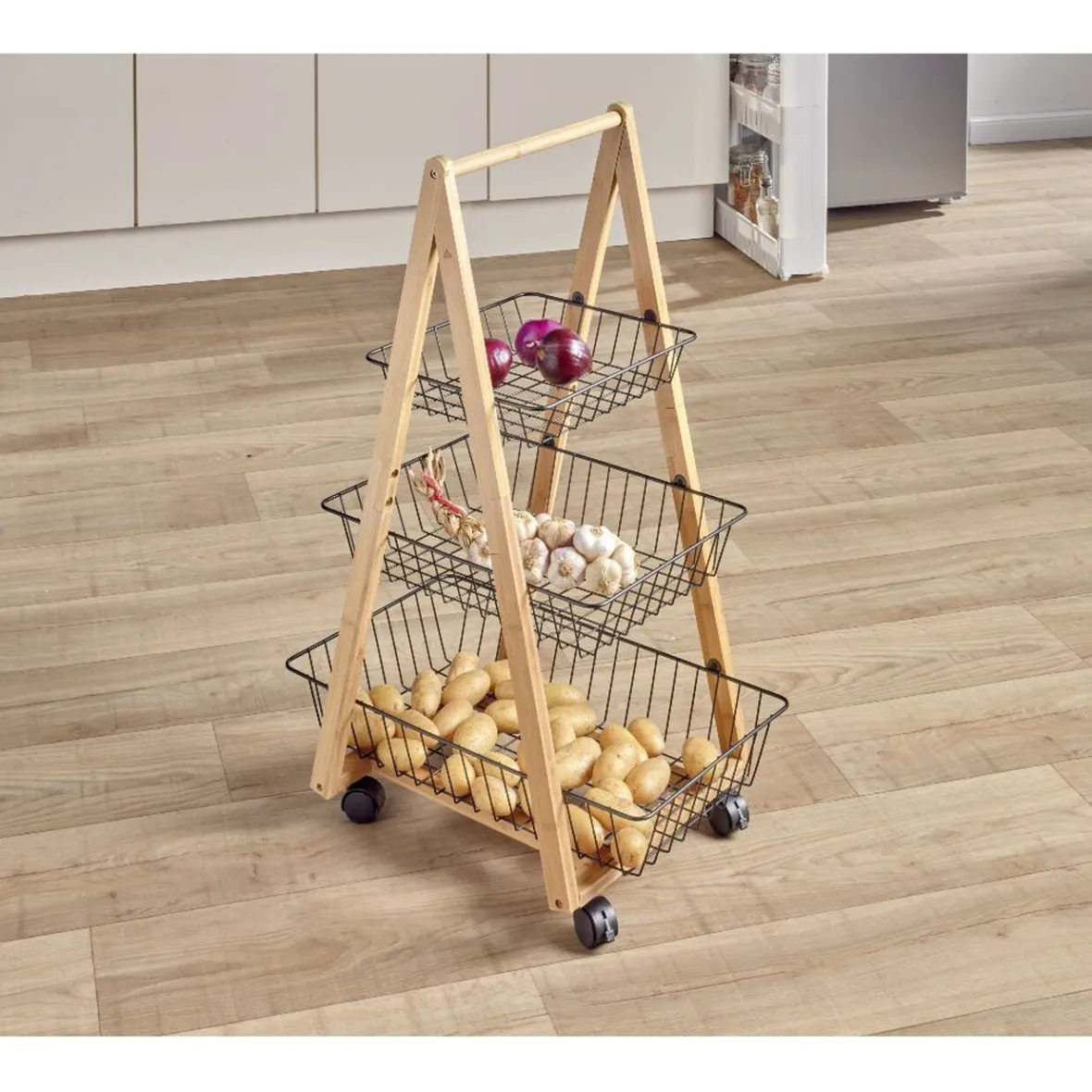 Gifi Rangement De Cuisine^Desserte bambou panier métal 3 niveaux 54,5x36,5xH85 cm