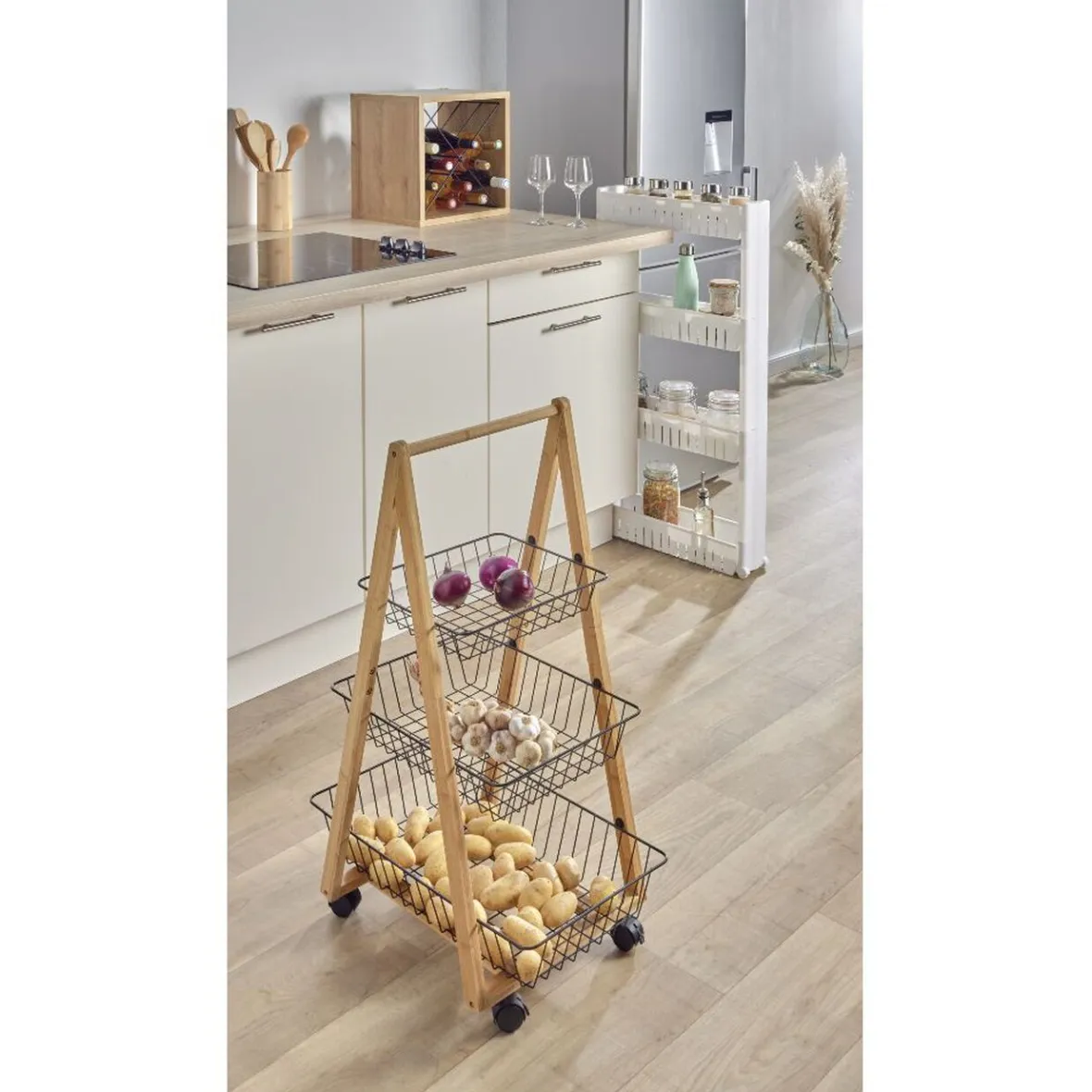 Gifi Rangement De Cuisine^Desserte bambou panier métal 3 niveaux 54,5x36,5xH85 cm