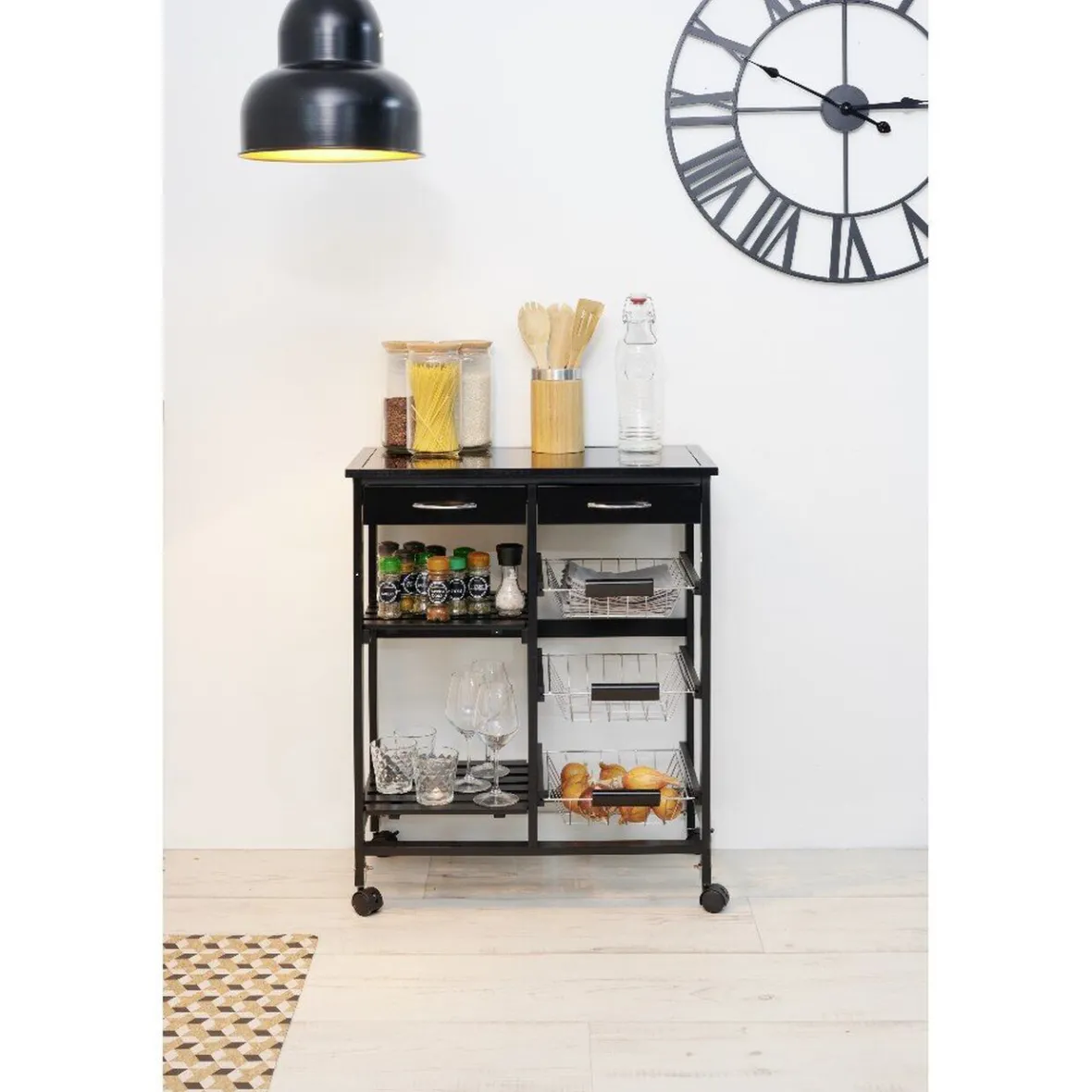 Gifi Rangement De Cuisine^Desserte bistrot sur roulettes étagère panier tiroir bois métal noir