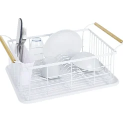 Gifi Rangement De Cuisine^Egouttoir à vaisselle en métal blanc avec poignée en bambou