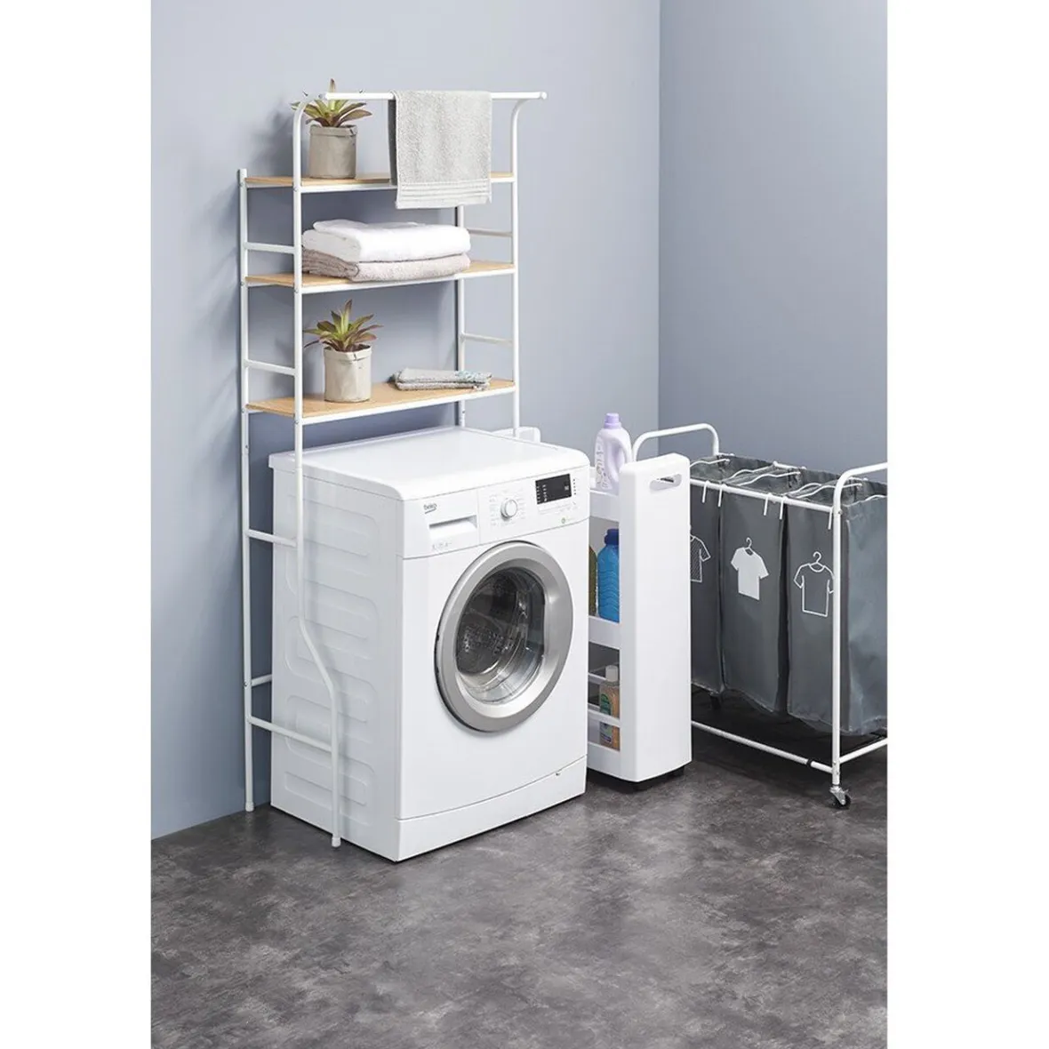 Etagère de rangement buanderie blanche et naturelle Entretien Du Linge