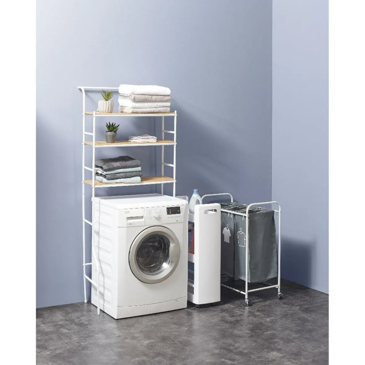 Etagère de rangement buanderie blanche et naturelle Entretien Du Linge