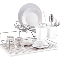 Gifi Rangement De Cuisine^Égouttoir à 2 niveaux avec receveur et supports à couverts blanc