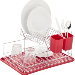 Gifi Rangement De Cuisine^Égouttoir à 2 niveaux avec receveur et supports à couverts rouge