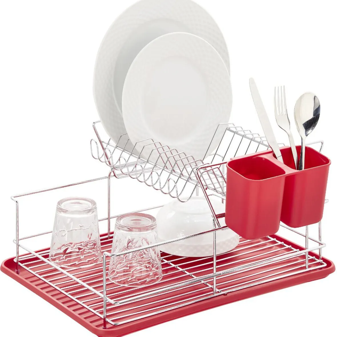 Gifi Rangement De Cuisine^Égouttoir à 2 niveaux avec receveur et supports à couverts rouge