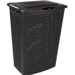 Hot Panier à linge avec poignées et couvercle design rotin noir 50 L Entretien Du Linge