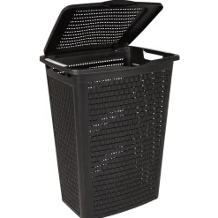 Hot Panier à linge avec poignées et couvercle design rotin noir 50 L Entretien Du Linge