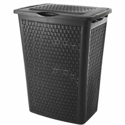 Hot Panier à linge avec poignées et couvercle design rotin noir 50 L Entretien Du Linge