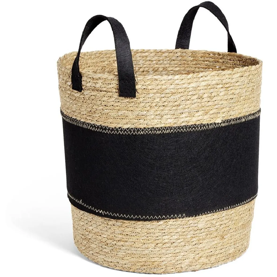 Outlet Panière à linge ronde 52L Ø37xH38cm jonc de mer et feutrine noir Entretien Du Linge