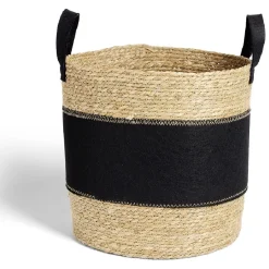 Outlet Panière à linge ronde 52L Ø37xH38cm jonc de mer et feutrine noir Entretien Du Linge