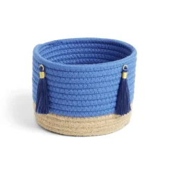 Best Panière naturelle jute coton beige et bleu Ø16xH14cm Rangement