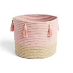 Best Panière naturelle jute coton beige et rose Ø26xH24cm Rangement