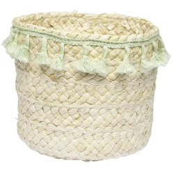 Sale Panière ronde en jonc naturel avec pompons vert Ø19 cm Rangement