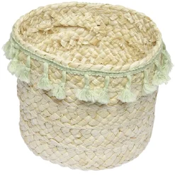 Sale Panière ronde en jonc naturel avec pompons vert Ø19 cm Rangement