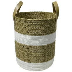 Sale Panière ronde en jute naturel bandes blanches Ø30xH40 cm - LENA Rangement