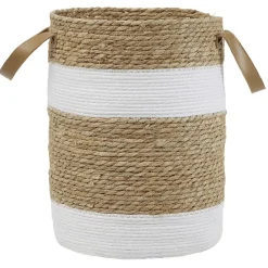 Sale Panière ronde en jute naturel bandes blanches Ø30xH40 cm - LENA Rangement