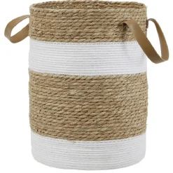 Sale Panière ronde en jute naturel bandes blanches Ø30xH40 cm - LENA Rangement