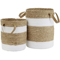 Sale Panière ronde en jute naturel bandes blanches Ø30xH40 cm - LENA Rangement