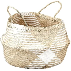 Best Panière ronde jonc de mer naturel et blanc Rangement