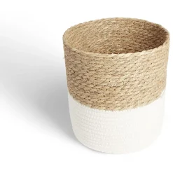 Best Panière tressée bi-matière coton et jacynthe blanc et naturel Ø24xH24cm Rangement
