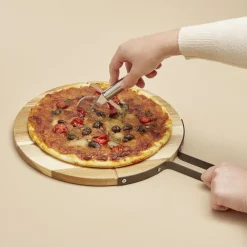 Gifi Préparation Culinaire^Plateau à pizza en bois avec roulette en acier