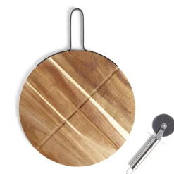 Gifi Préparation Culinaire^Plateau à pizza en bois avec roulette en acier