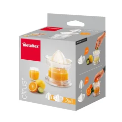 Gifi Préparation Culinaire^Presse agrumes Metaltex transparent couvercle blanc 2 cônes