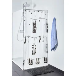 Rideau de douche blanc motifs vêtements fil à linge crochets x12^Gifi New