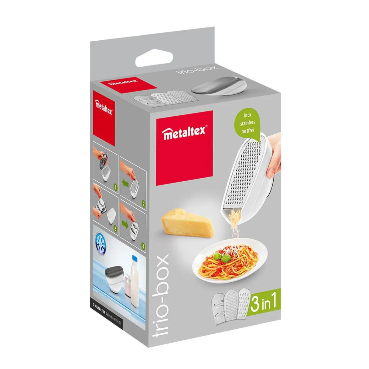 Gifi Préparation Culinaire^Râpe Metaltex avec couvercle et 3 lâmes interchangeables