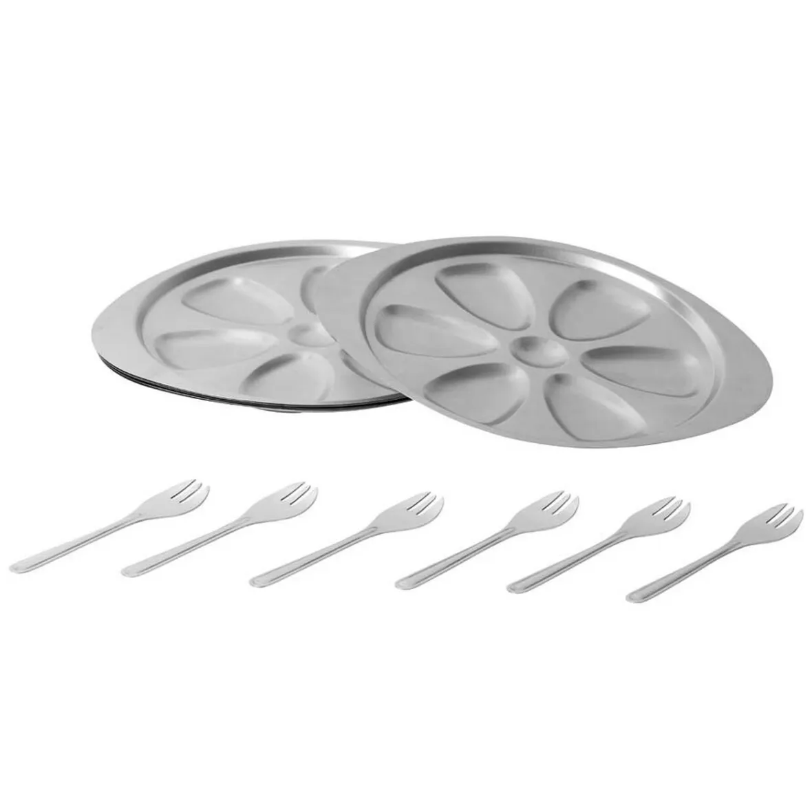 Gifi Préparation Culinaire^Service à huîtres argenté inox 6 plats 6 fourchettes