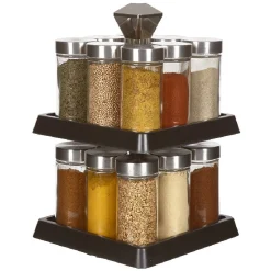 Gifi Rangement De Cuisine^Support à épices noir 16 bocaux en verre et inox 2 étages