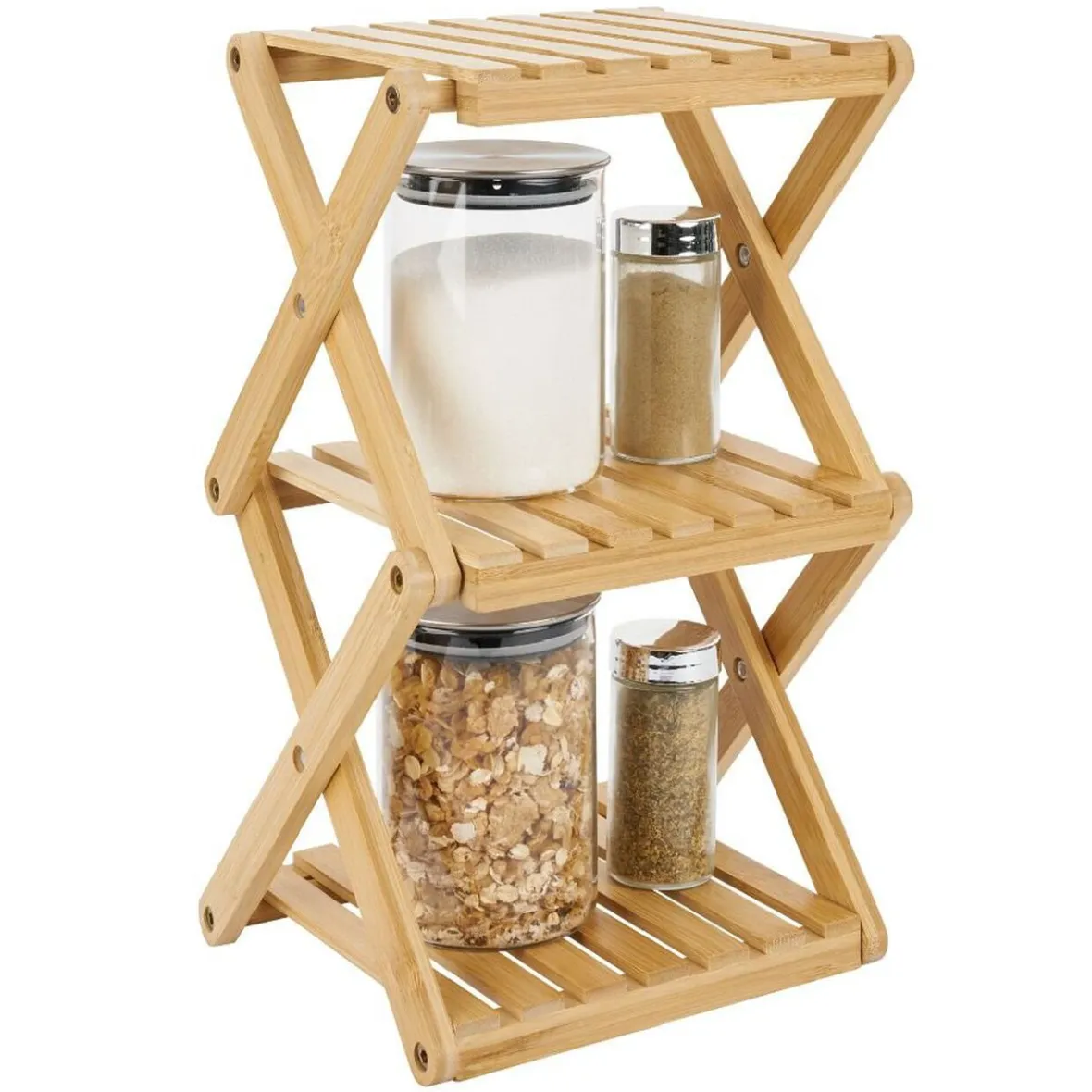 Gifi Rangement De Cuisine^Étagère 3 niveaux pliable bambou naturel 22,1xH35,5x18,3cm