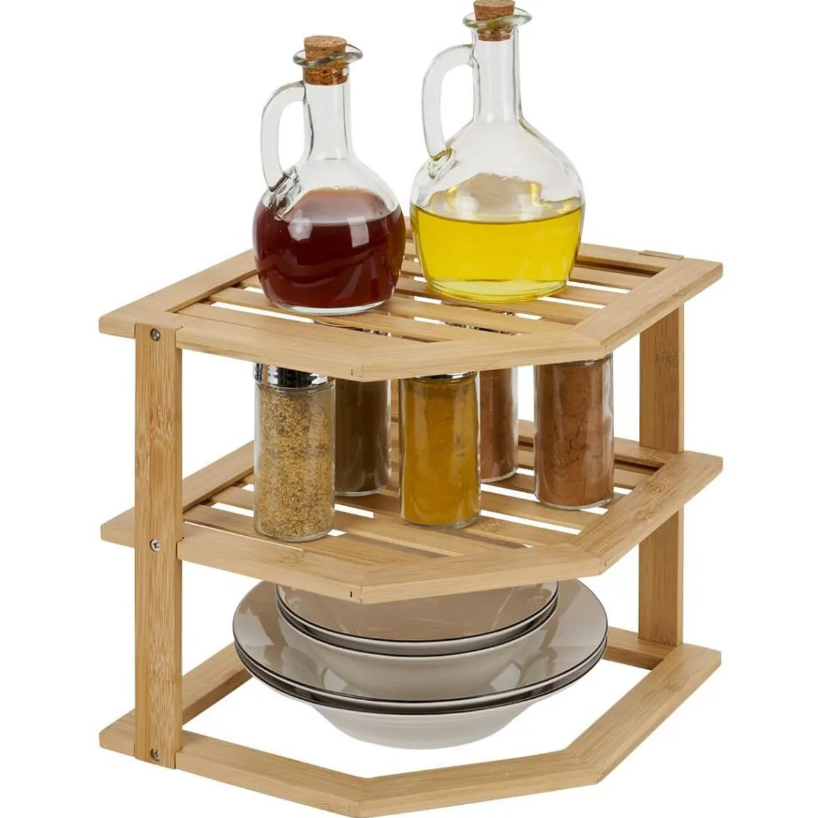 Étagère d'angle 2 niveaux en bambou 25x25xH23cm Rangement