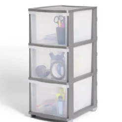Best Tour de rangement 3 tiroirs plastique gris 37x27xH63cm Rangement