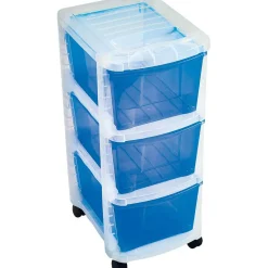 Sale Tour de rangement sur roulettes 3 tiroirs blanc transparent et bleu Rangement